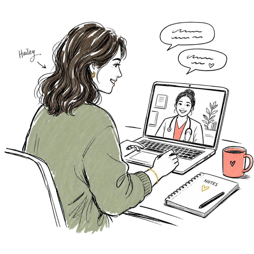 Sketch illustration of Hailey on a video call with a doctor