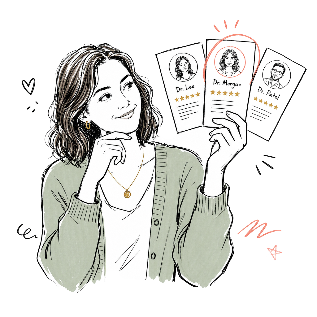 Sketch illustration of Hailey comparing several provider profile cards